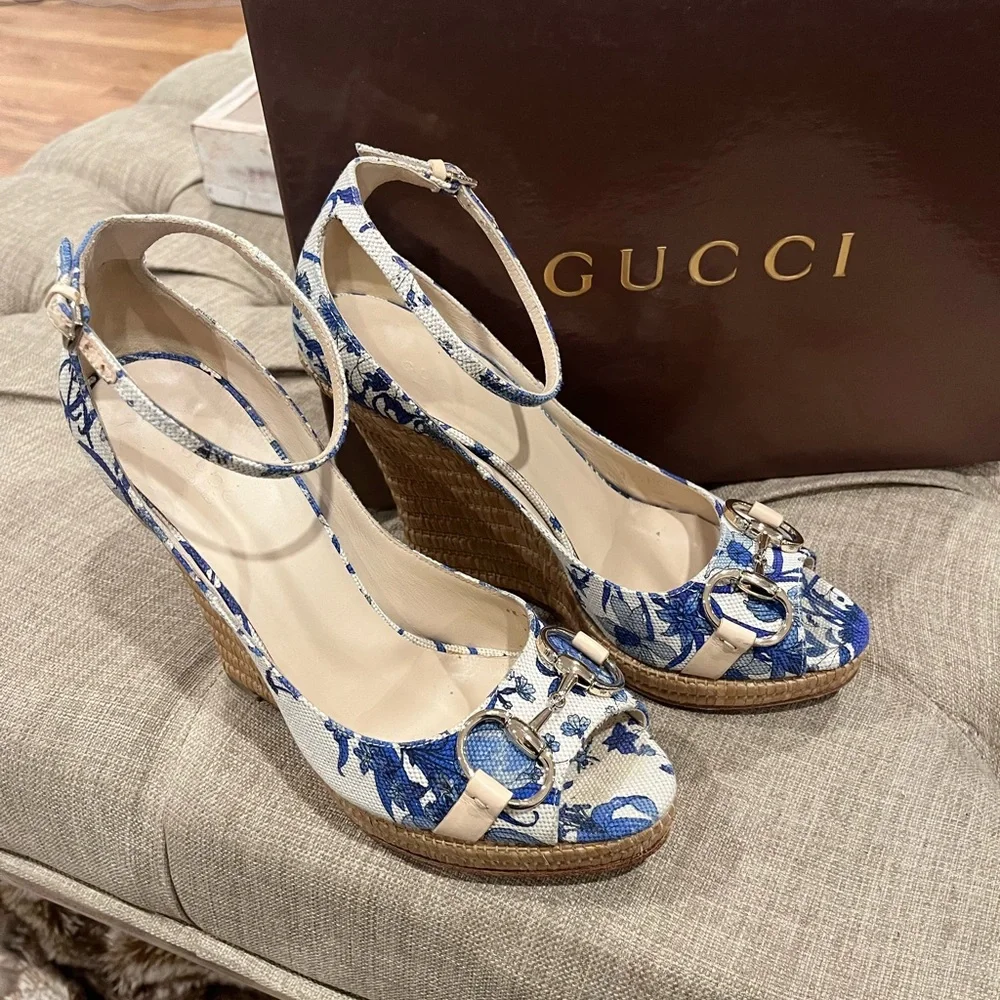 Gucci Blue and White Floral Wedge Sandals with Ankle Strap